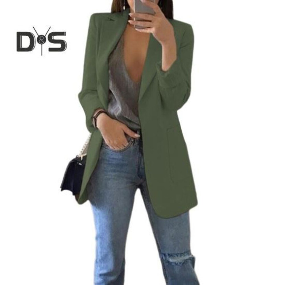 (army green, M) Women Suit Coat Lapel Long Sleeve Open Front Suit Jacket Solid Color Big Pockets Commuting Style Casual Business Outwear