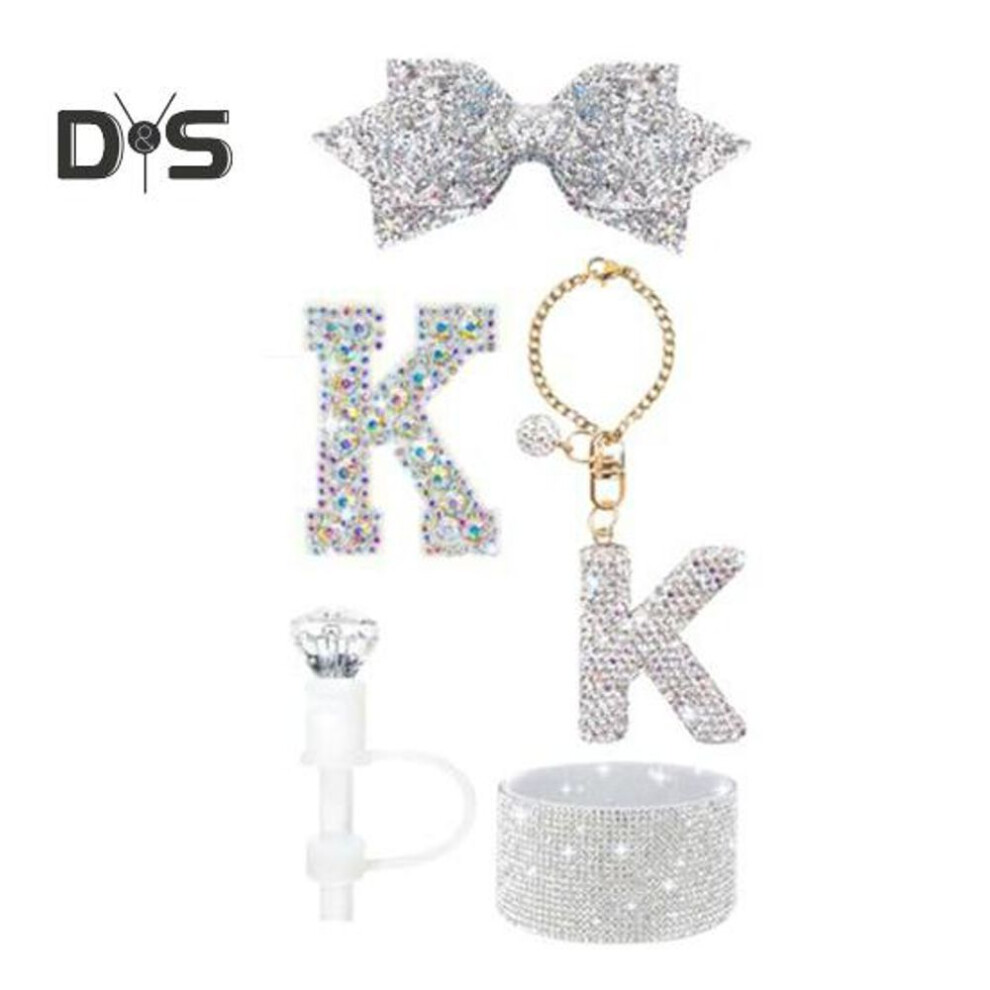 (as the picture, K) 5Pcs Rhinestone Straw Cover Set for Water Bottles Silicone Boot Sticker Letter Charms Bow Topper Sparkling Faux Diamond Bottle Accessory