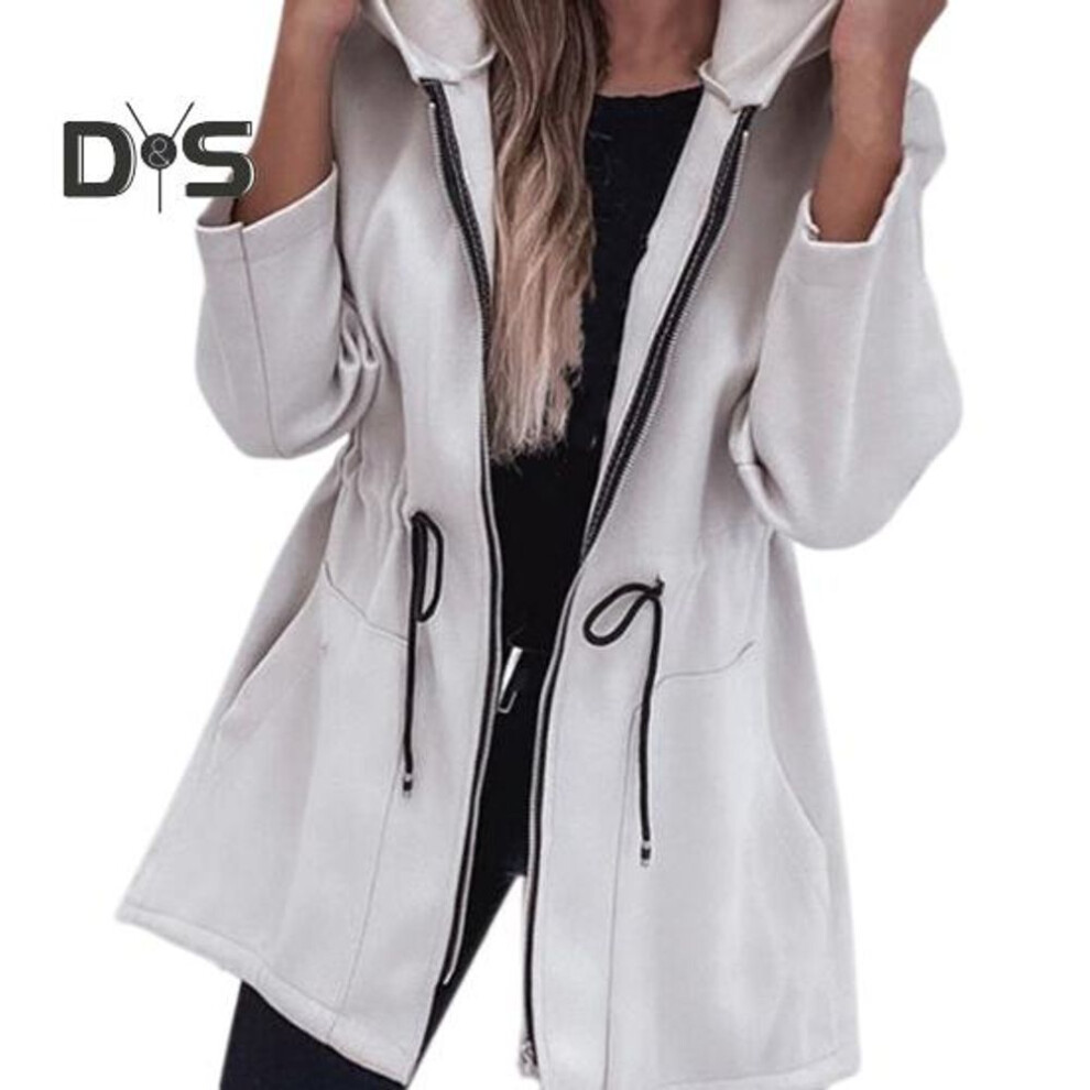 (white, S) Women Jacket Windbreaker Style Hooded Drawstring Waist Large Pockets Solid Color Zipper Closure Thermal Long-Sleeved Biking Hiking Workout Spring