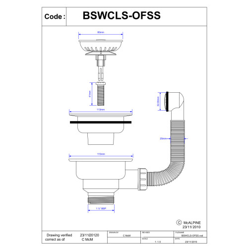 McAlpine McAlpine 1 1/2" Basket Strainer Waste and Overflow - Clicker BSWCLSOFSS 2