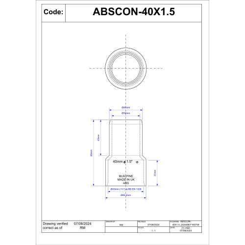 McAlpine McAlpine ABS Solvent Weld Adaptor 40mm x 1.5" 1