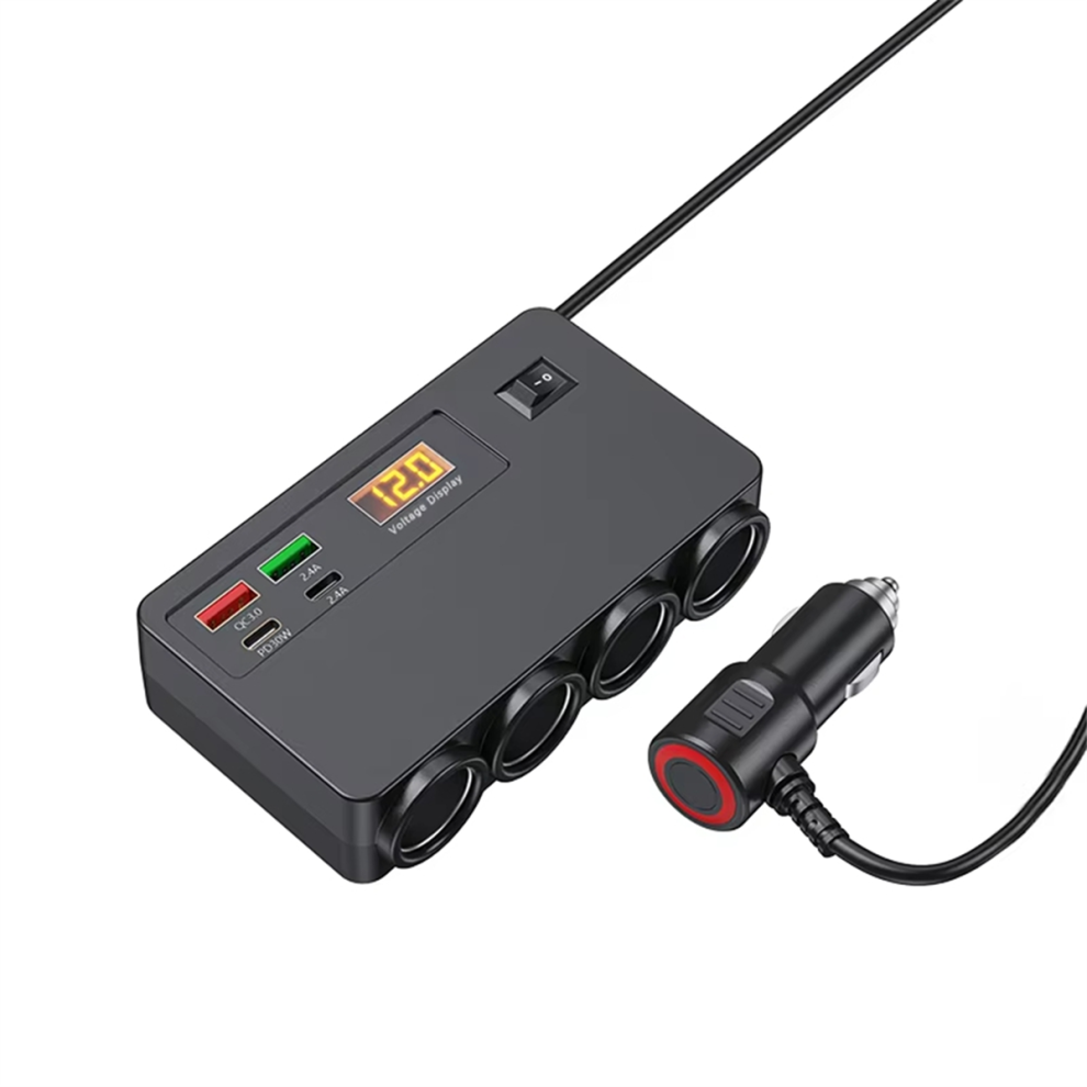 120W Multi-Functional Vehicle Charger Usb/Type-C Fast Charging Four Conversion Interfaces, With Digital Voltage Display 4851945505497