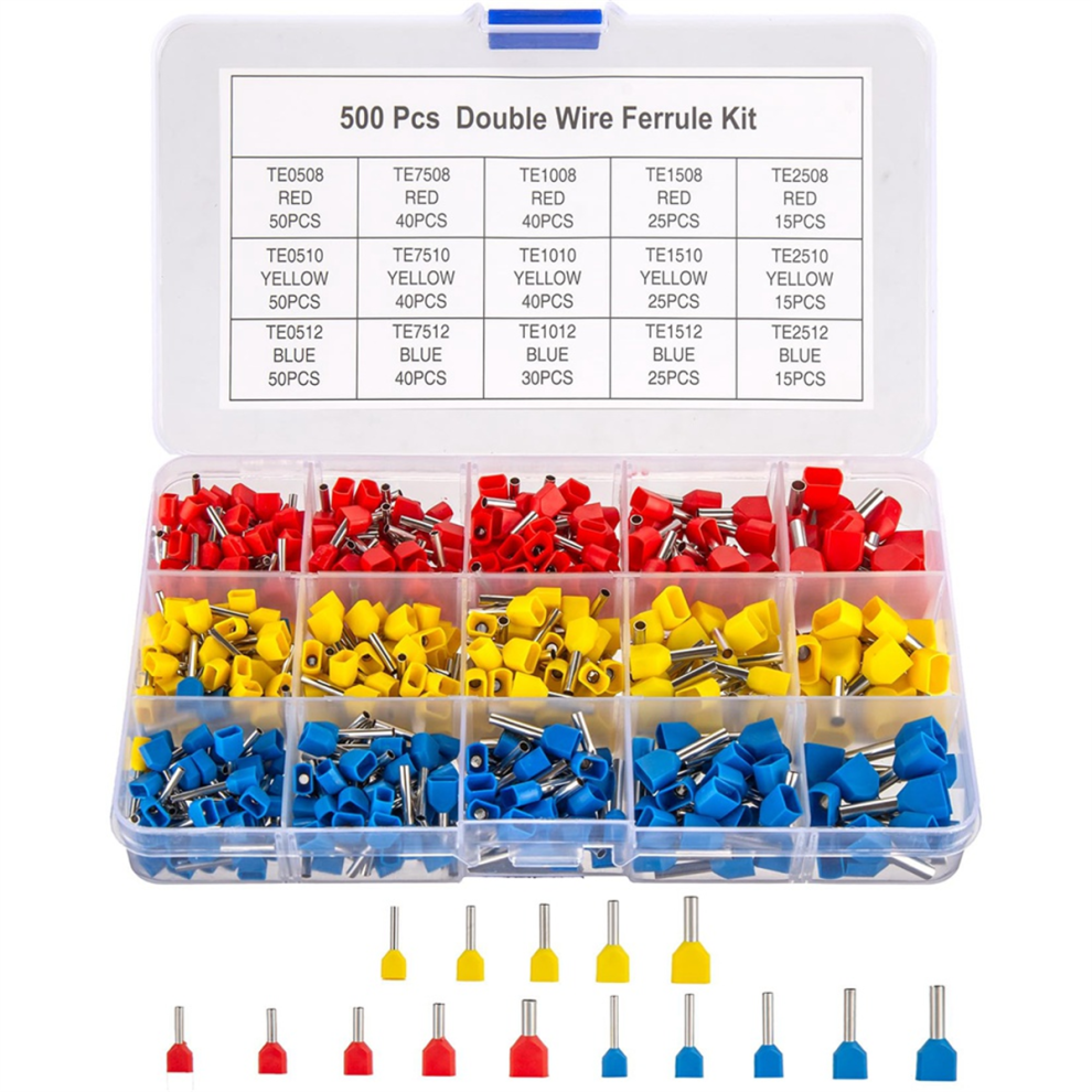 Double Wire Ferrules Kit, 500Pcs Ferrule Terminals, Insulated Crimp Pin Cord End Terminal 4851945513157