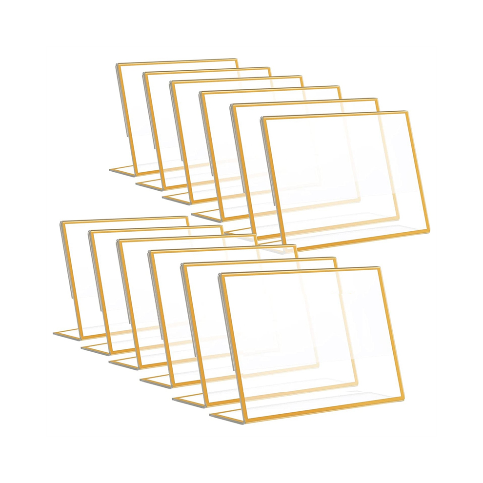 Jojomino 12Pcs Gold Frame Acrylic Sign Holder Wedding Table Number Slanted Menu Double Sided Stand, 4X6inch Horizontal