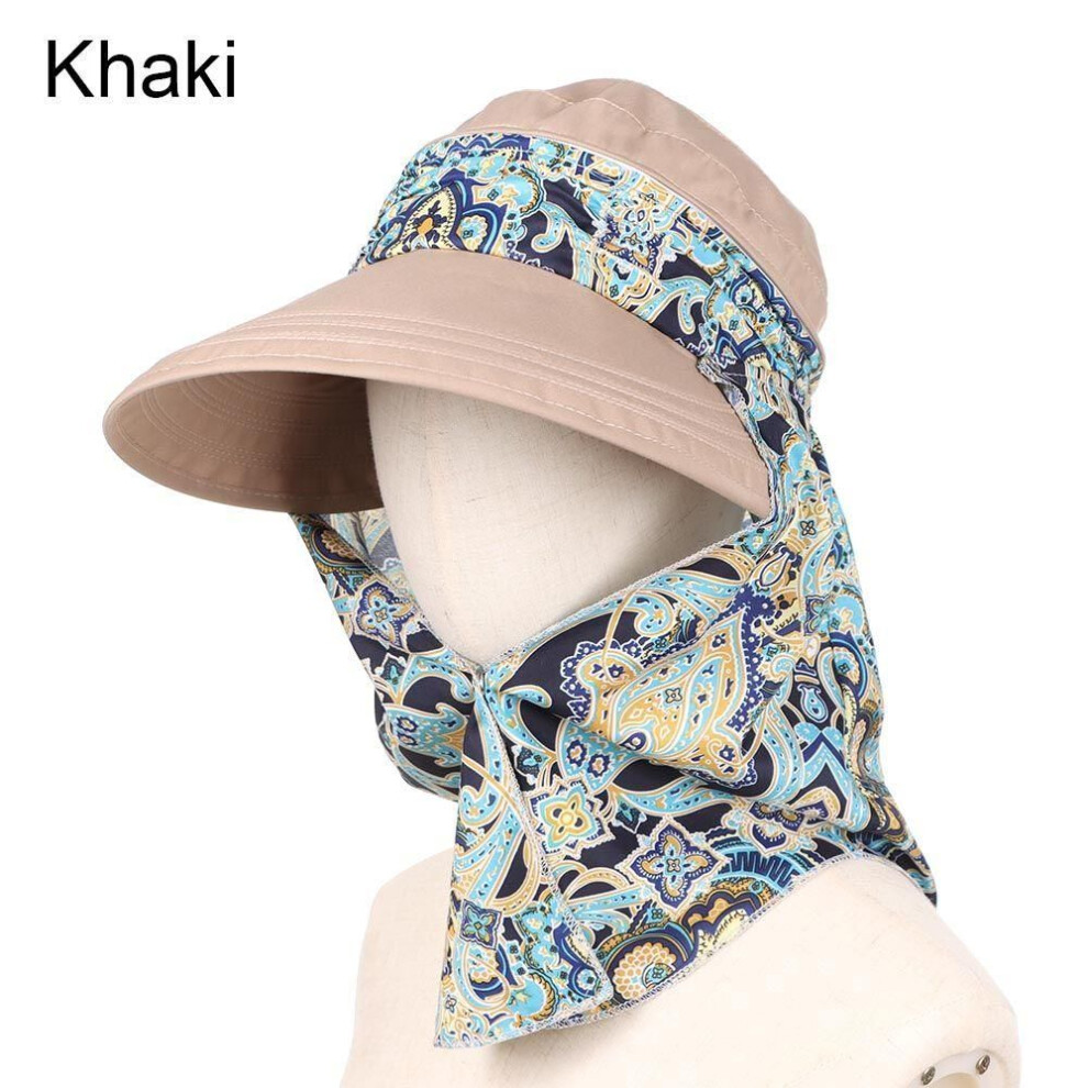 (khaki) Women Fashion Outdoor Riding Wide Brim Anti-UV Sun Hat Beach Cap Sun Visor Hat Floral Print Caps