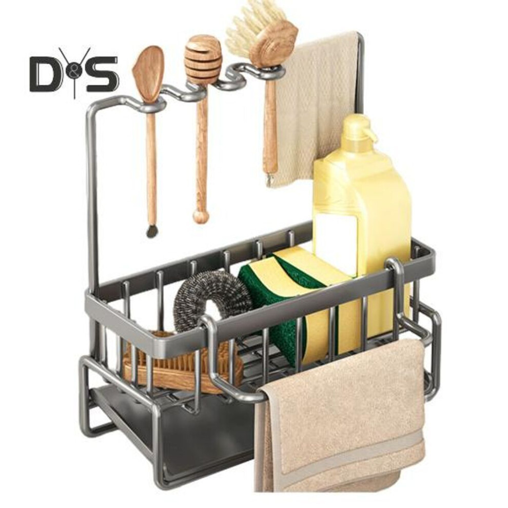 (grey) Kitchen Sink Caddy Sponge Holder with Drain Tray Rustproof Corrosion Resistant Easy to Install Towel Holder Brush Drainer Rack Kitchen Organizer