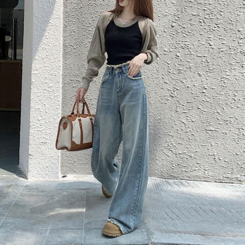 (L) High-Waist Retro Wide-Leg Jeans for Women with Raw Edges - Slim, Loose, and Drapey Design