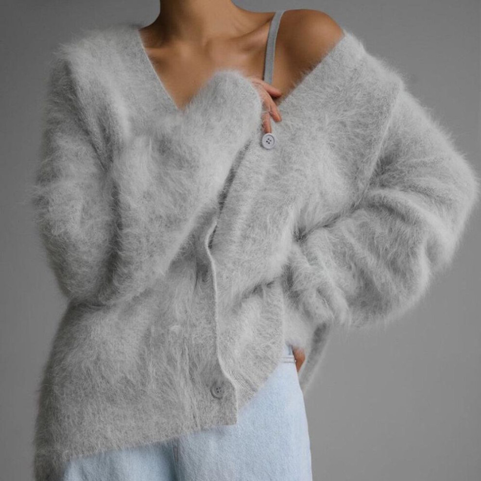 (Medium, light gray) Women's 2024 Mink V-Neck Knitted Sweater - Loose Solid Color Cardigan for Autumn/Winter