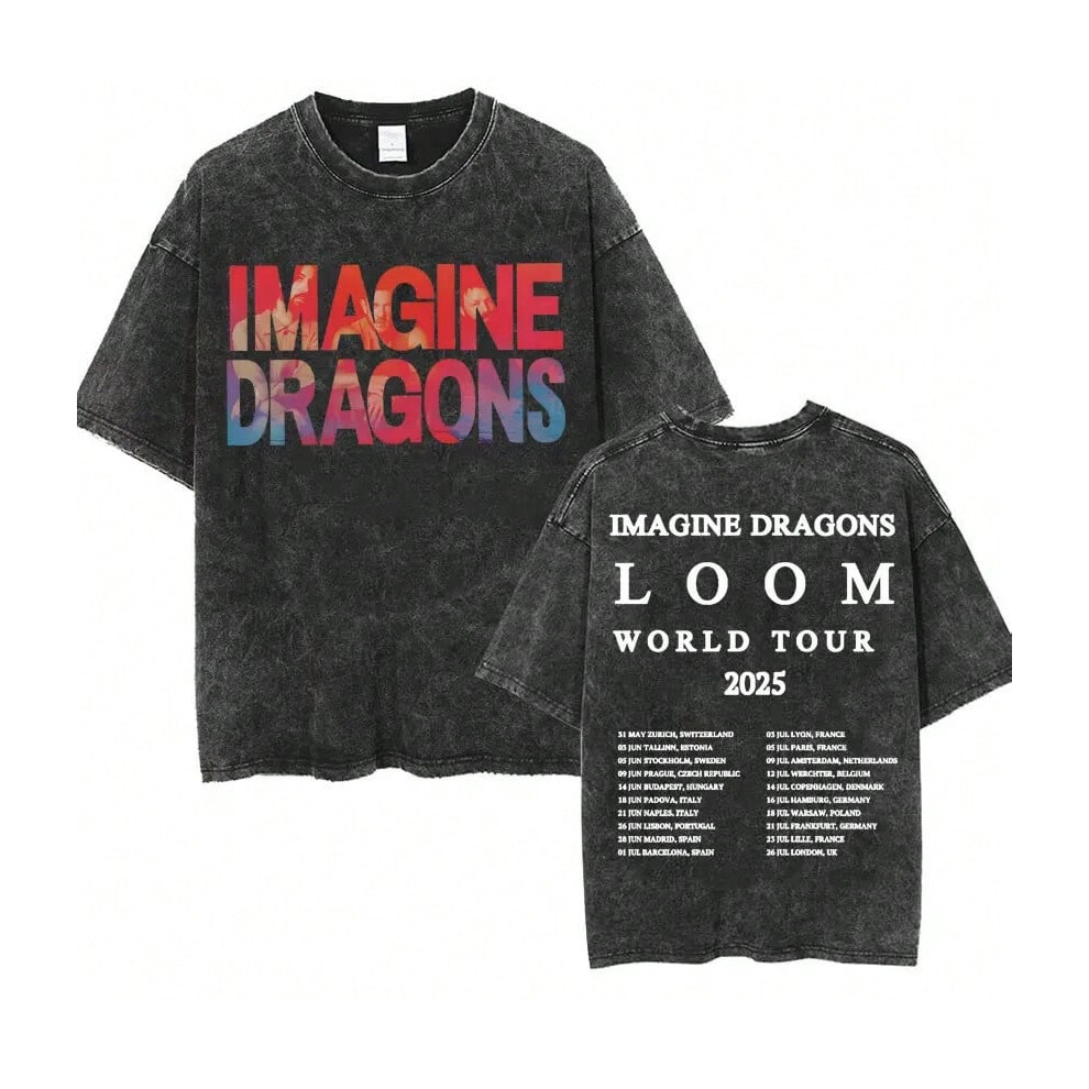 (FT--S3774-Black, XL) Imagine Dragons Band - Loom Tour 2024 New Album T Shirts Men Women Fashion Hip Hop Style Retro Washed T-shirt Loose Short Sleeve