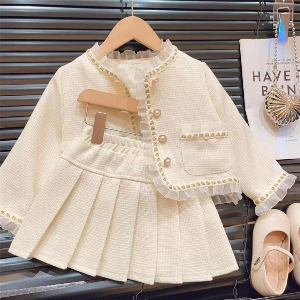 (beige, 110cm) Childrens Clothing Spring Autumn Collection Girls Lace Jacket Short Skirt Fashionable Two Piece Set