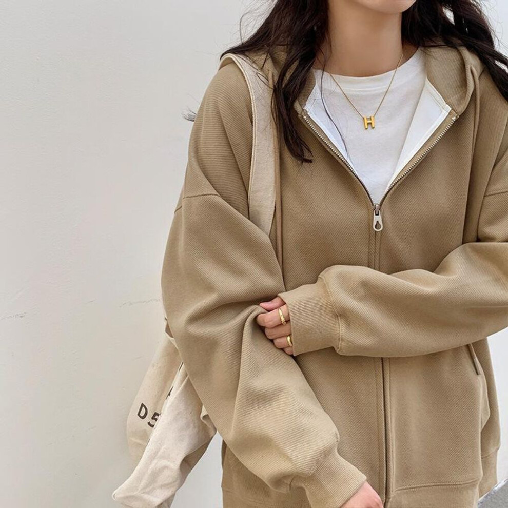 (M, as the picture) Plush hooded sweatshirt women's thick coat autumn and winter American oversize retro khaki warm zipper cardigan