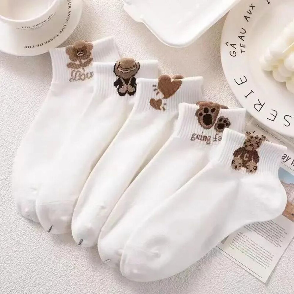 5 Pairs Women Cartoon Teddy Bear Patterned Ankle Socks Versatile Fashion Breathable Comfortable Funny Casual Harajuku Sock