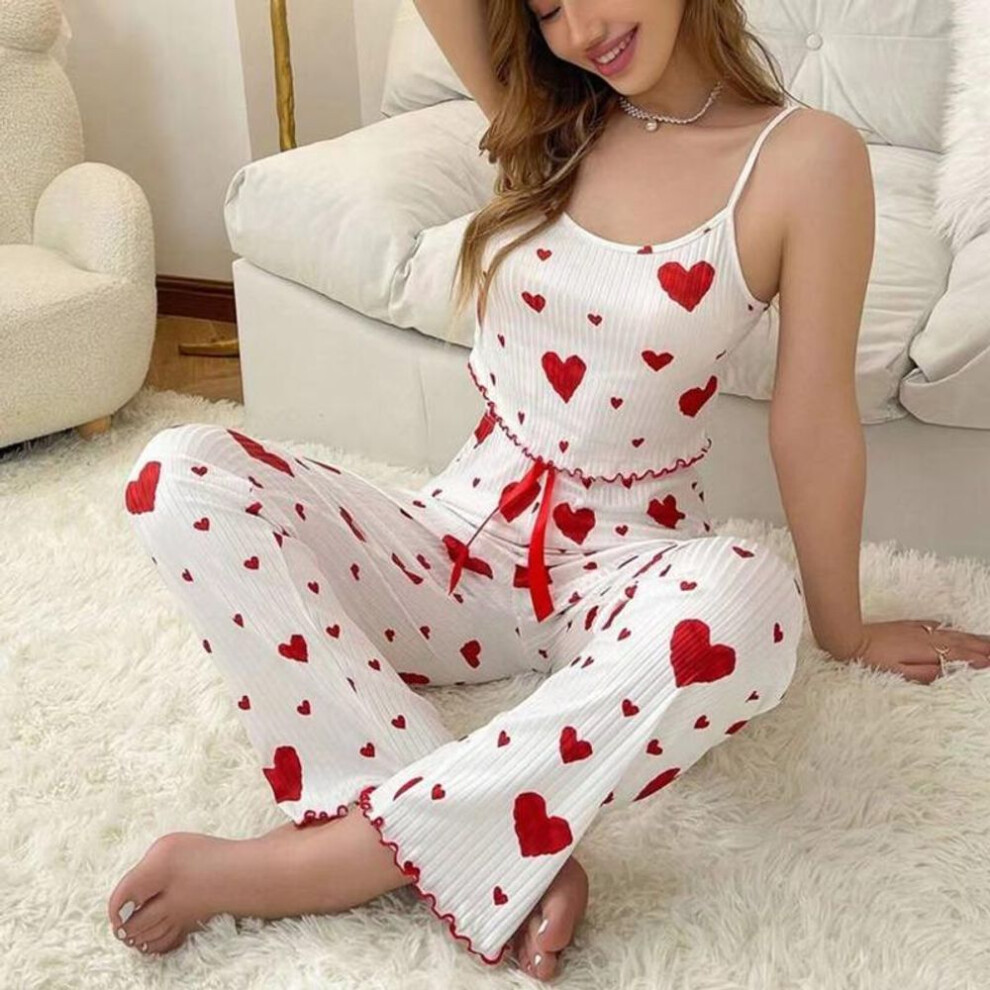 (XL, red) Women's Cute Heart Print Satin Pajama Set - V Neck Cami Top and Elastic Shorts for Comfortable Sleep and Lounging Homewear