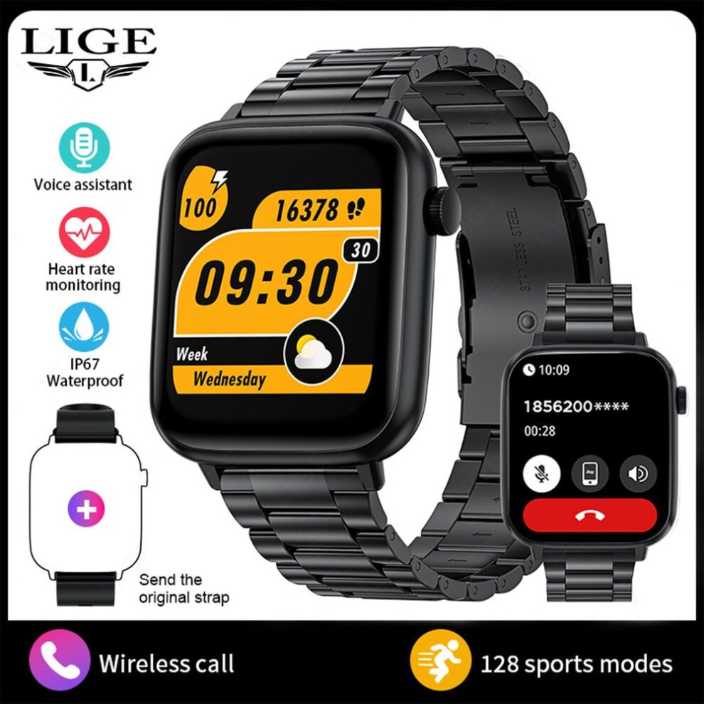 (black, steel strap) LIGE New Smart Watch Full Touch Screen Bluetooth Call Sports Fitness Men Smartwatch