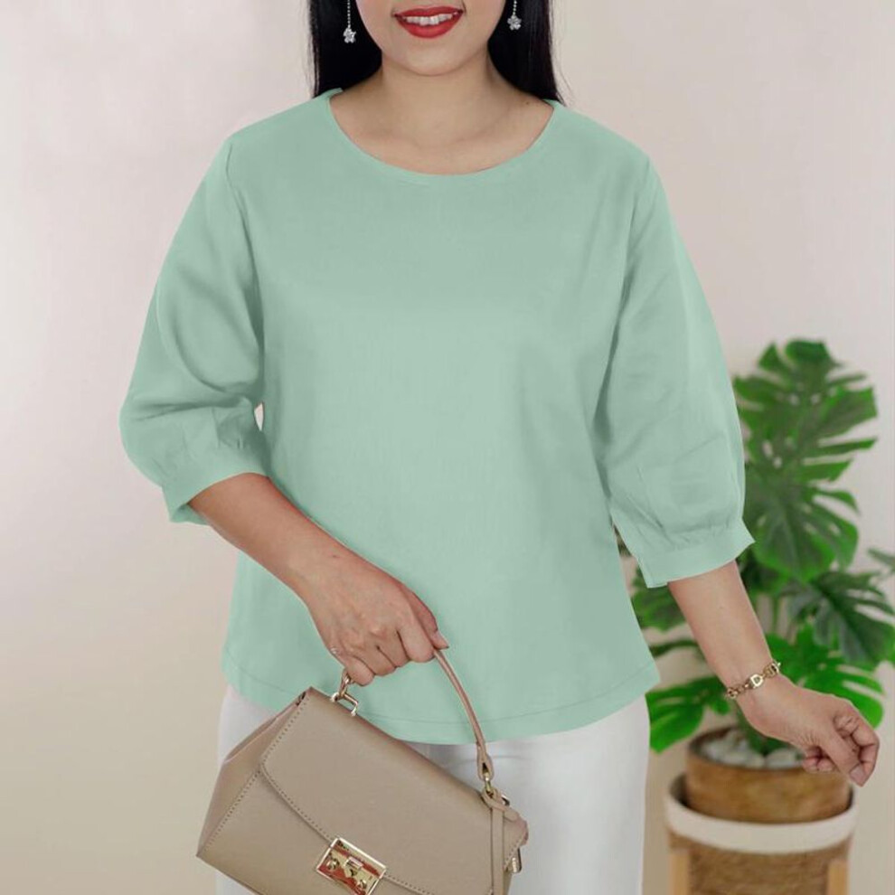 (5XL, green) ZANZEA Women Casual Round Neck Loose 3/4 Sleeve Blouse