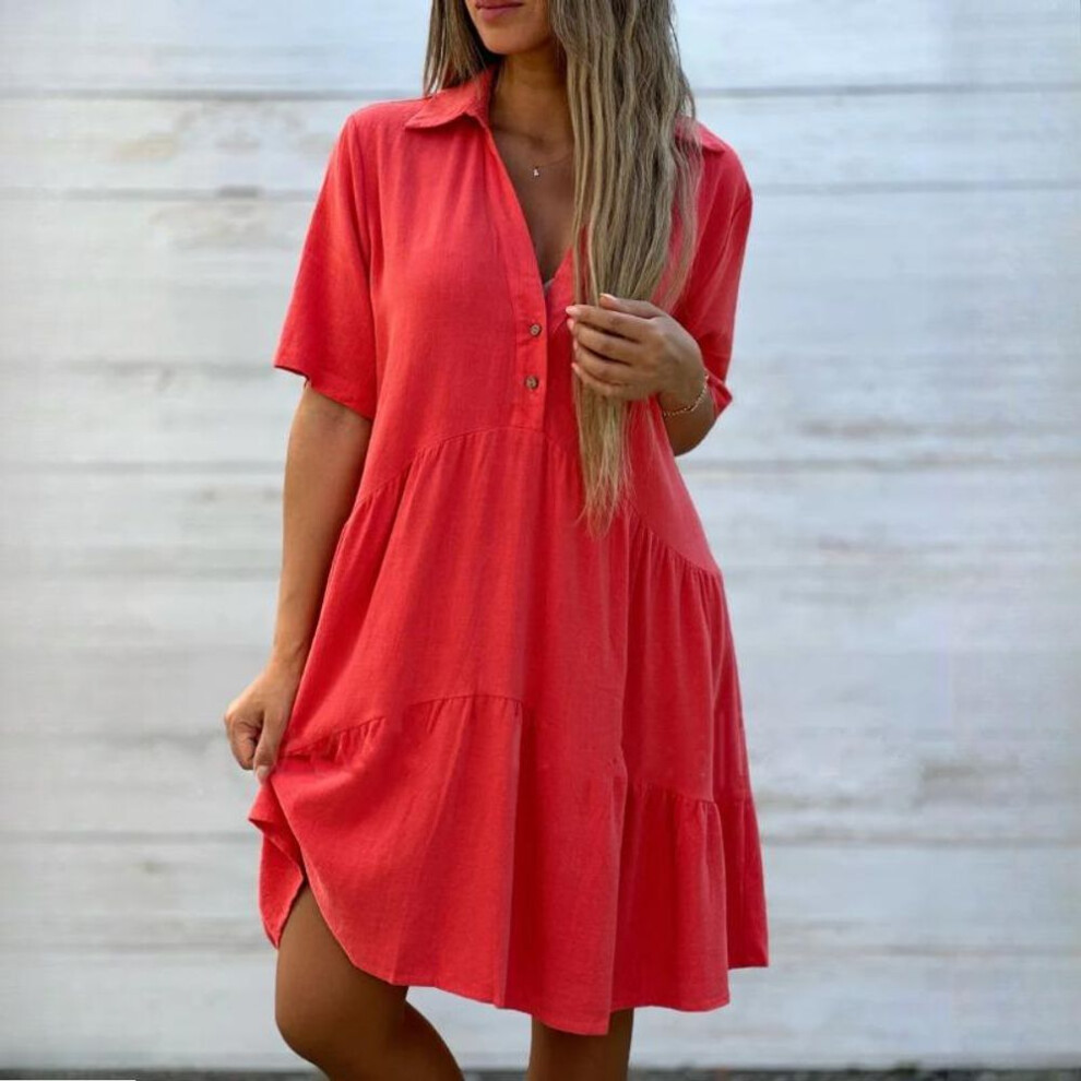 (red, XXL) GMXIA Women's Dresses Loose Solid Colour POLO Neck Casual Short Sleeve Cotton Linen Dresses