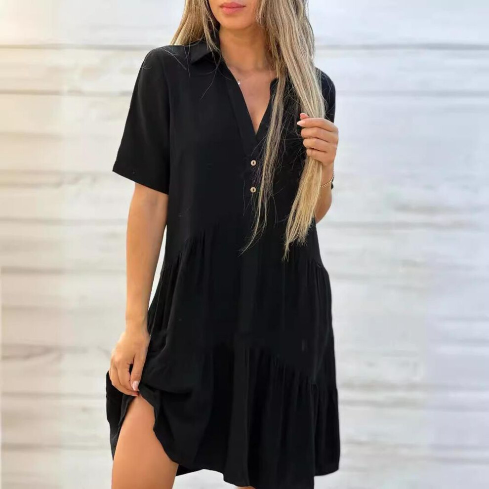 (black, XL) GMXIA Women's Dresses Loose Solid Colour POLO Neck Casual Short Sleeve Cotton Linen Dresses