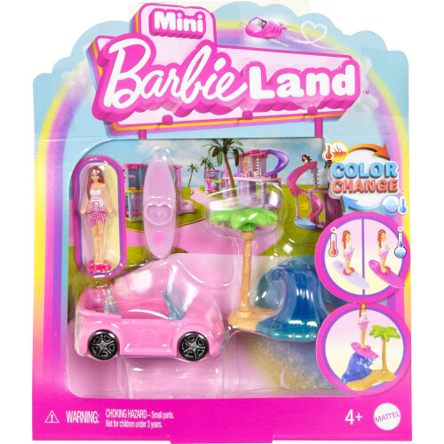 Barbie Conjunto de boneca e veculo de brinquedo Barbie Mini BarbieLand Boneca de 1,5 polegadas e praia conversvel com mudana de cor e acessrio de praia