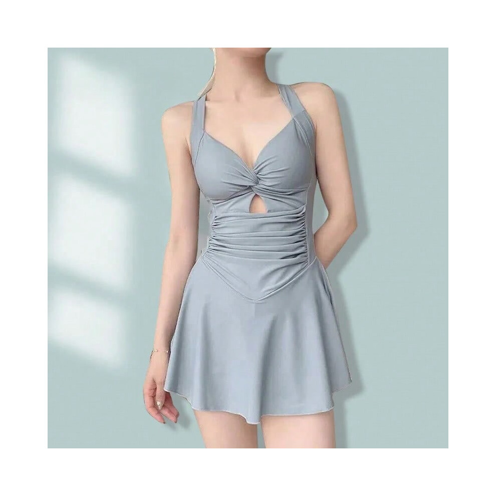(A blue, XL) Swimming Suit for Women Solid Color Slimming One-piece Dress Style Conservative Waist Tightening Slimming Vacation Swimsuit