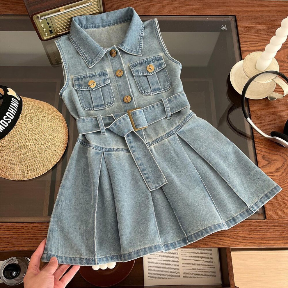 (15 (130cm)) 2025 Summer Trend: Girls' Denim Princess Dress