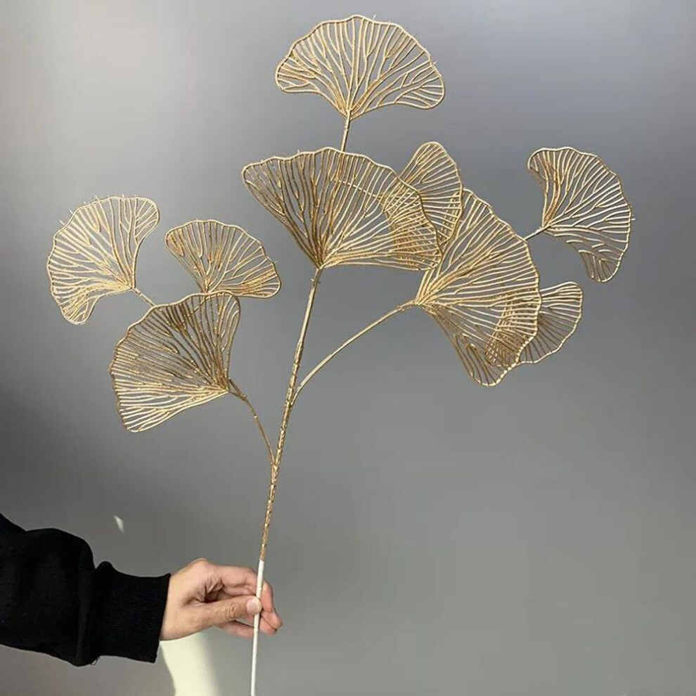1pc Three-pronged Fan Leaf Netting Artificial Gold Ginkgo Eucalyptus Holly For Wedding Arch Flower Arrangement Home Decor Crafts