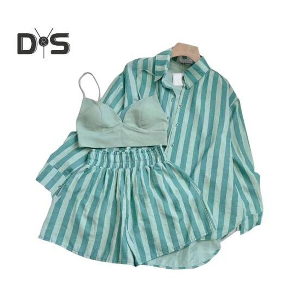 (sky blue, L) Women Striped Print Shirt Shorts Set Two-piece Suit Loose Fit Casual Shirt Pants Solid Color Long Sleeve Top Short Summer Outfits For Women