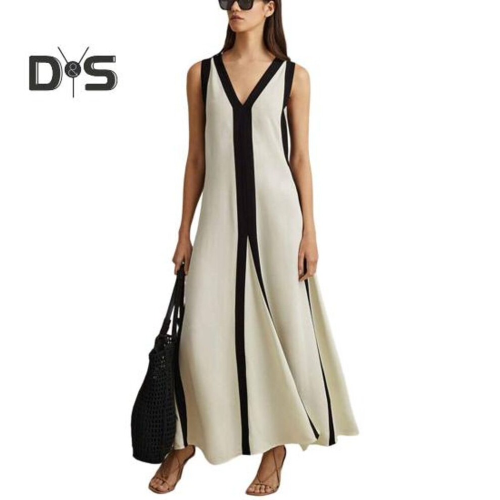 (black white, S) Women Maxi Dress V-neck Sleeveless Contrast Color Loose Fit Long Dress Double Sided Wear Holiday Travel Dress