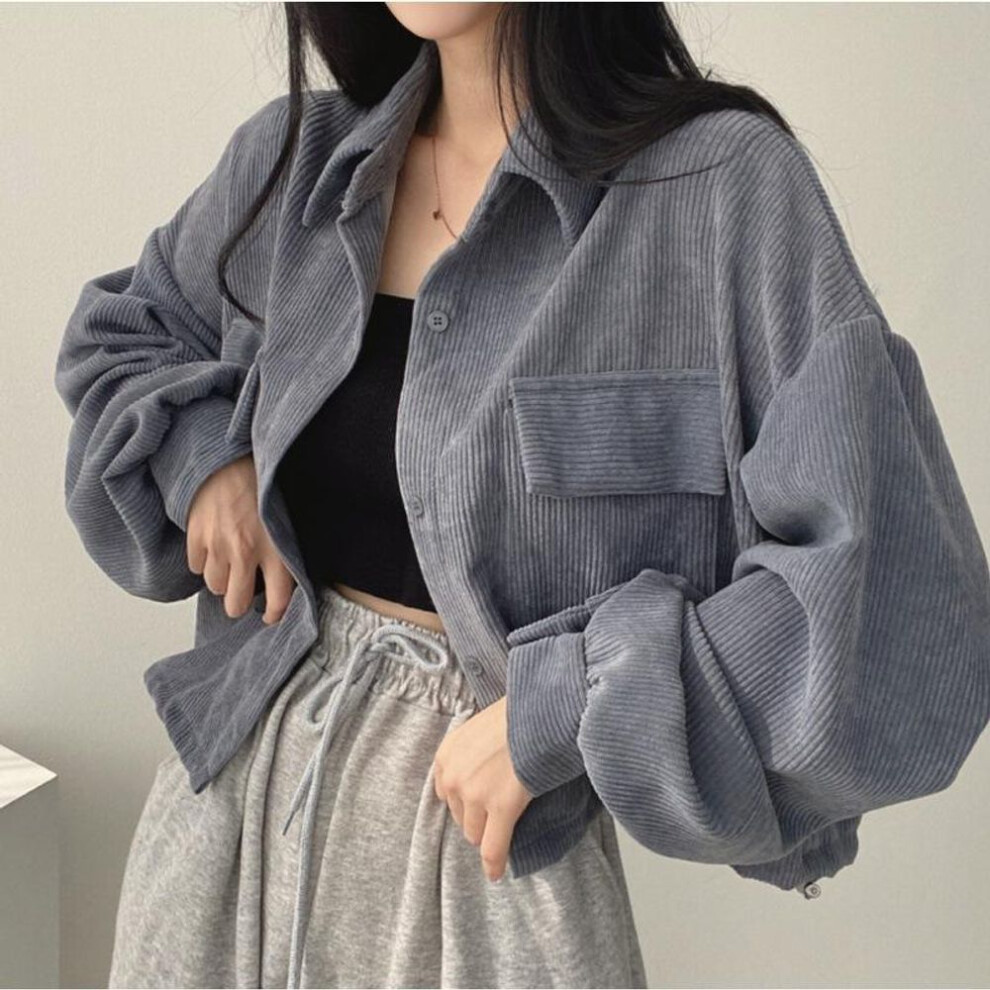 (grey, L) Women's Denim Jacket Fashion Grinding Edge Broken Hole Hollow Long Sleeve Single Breasted Casual Collar Top