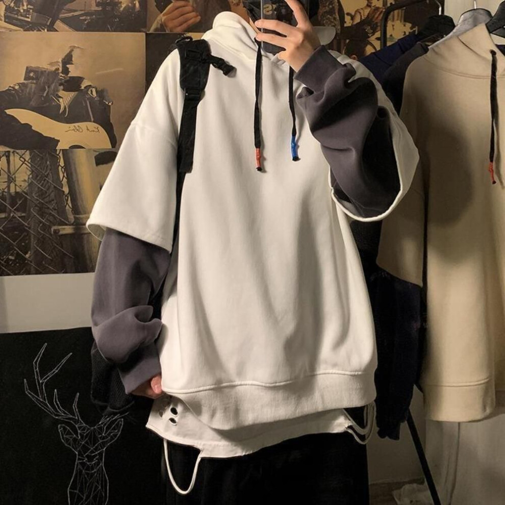 (white, L) Two-piece Sweatshirt Men's Hooded Autumn Winter Trendy Ins Hip Hop Top Oversize Niche High Street Jacket Coat
