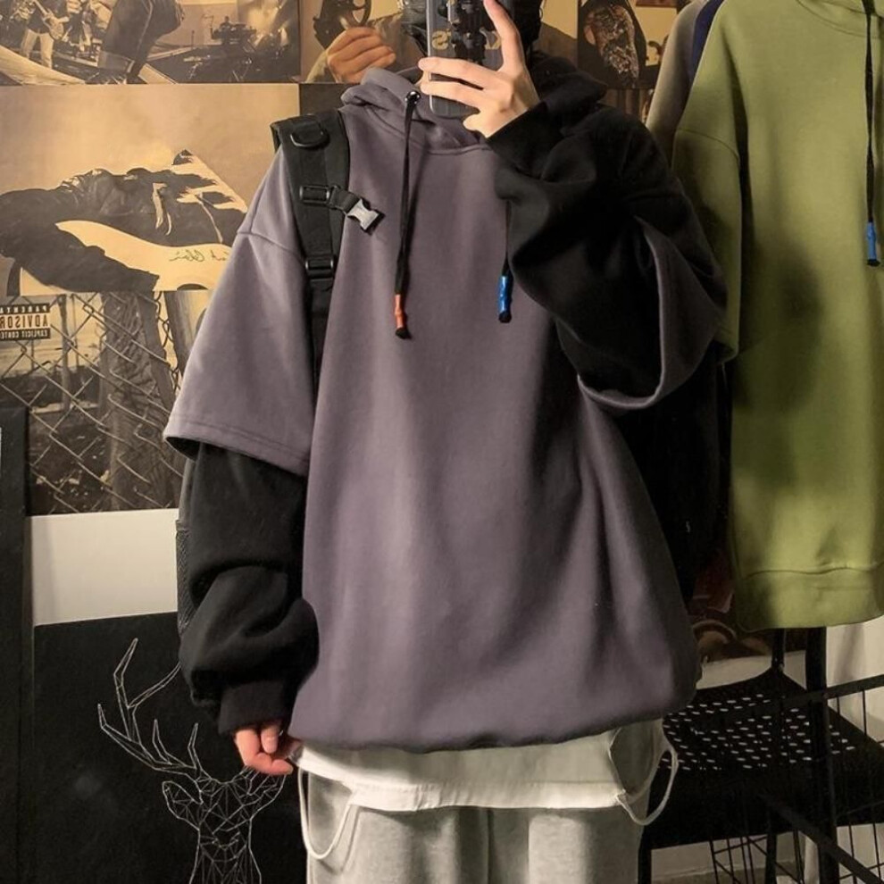 (grey, M) Two-piece Sweatshirt Men's Hooded Autumn Winter Trendy Ins Hip Hop Top Oversize Niche High Street Jacket Coat