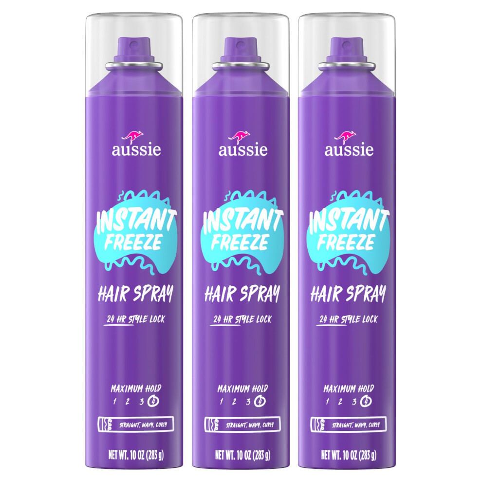 Aussie Instant Freeze Hairspray with Jojoba & Sea Kelp  Strong Hold  10.0 oz  Triple Pack