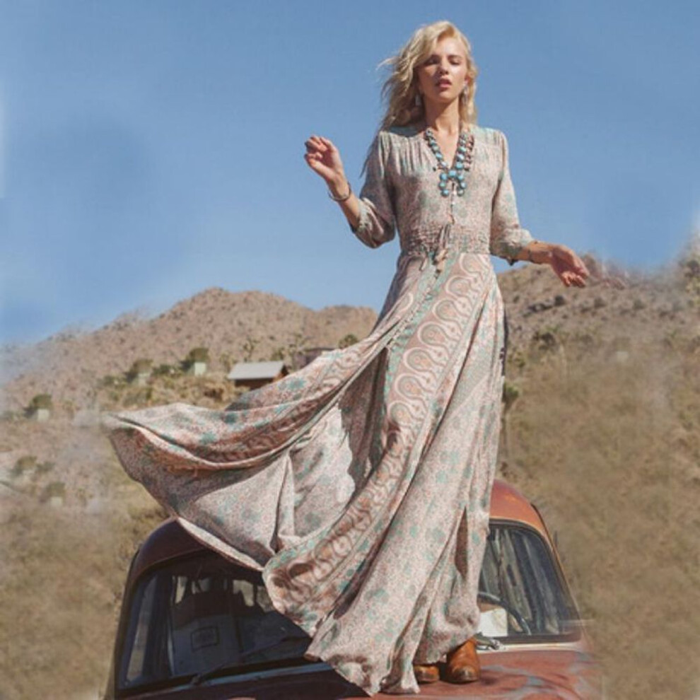 (as the picture, XXL) Women's Bohemian Long Dress Chiffon Print Fringe Long Sleeve Beach Dress