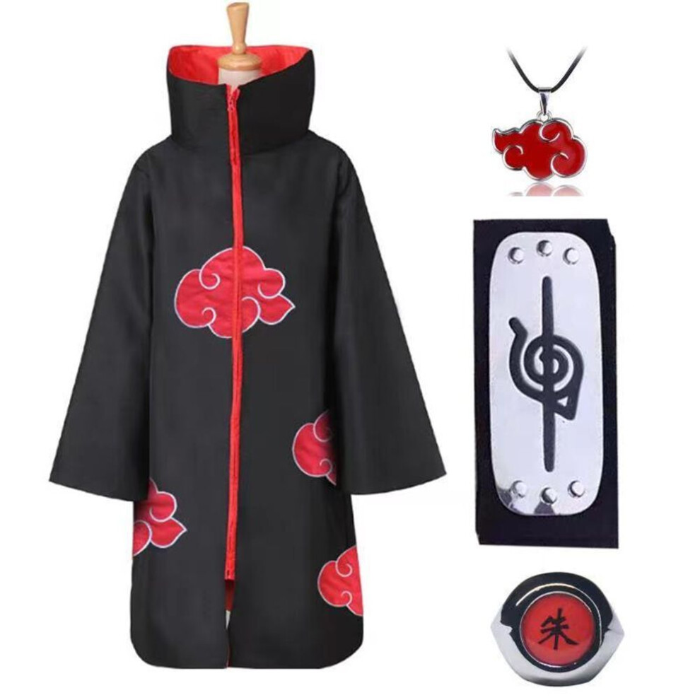 (as the picture, M) 4pcs Anime Naruto Akatsuki Uchiha Itachi Cosplay Costume Cloak Robe Ninja Cloak Set Ring Headband Halloween