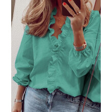 (2XL, green) Spring/Summer New Long Sleeved Ruffle Edge Shirt Women's Solid Color Professional Dress Shirt