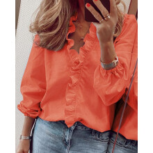 (2XL, orange) Spring/Summer New Long Sleeved Ruffle Edge Shirt Women's Solid Color Professional Dress Shirt