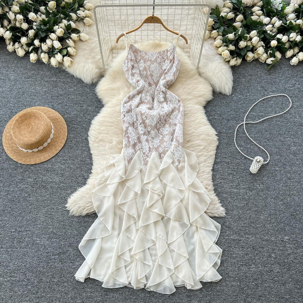 (as the picture, S) Summer Women Elegant Spaghetti Strap Open Back Lace Long Maxi Party Fishtail Dresses