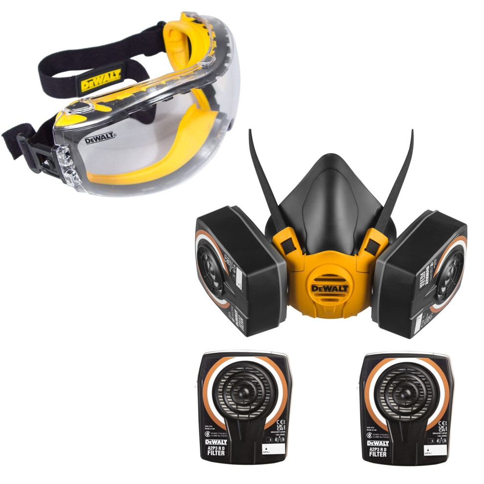 Dewalt A2P3 Medium Half Mask Respirator Face Mask + A2P3 Filters + Goggles