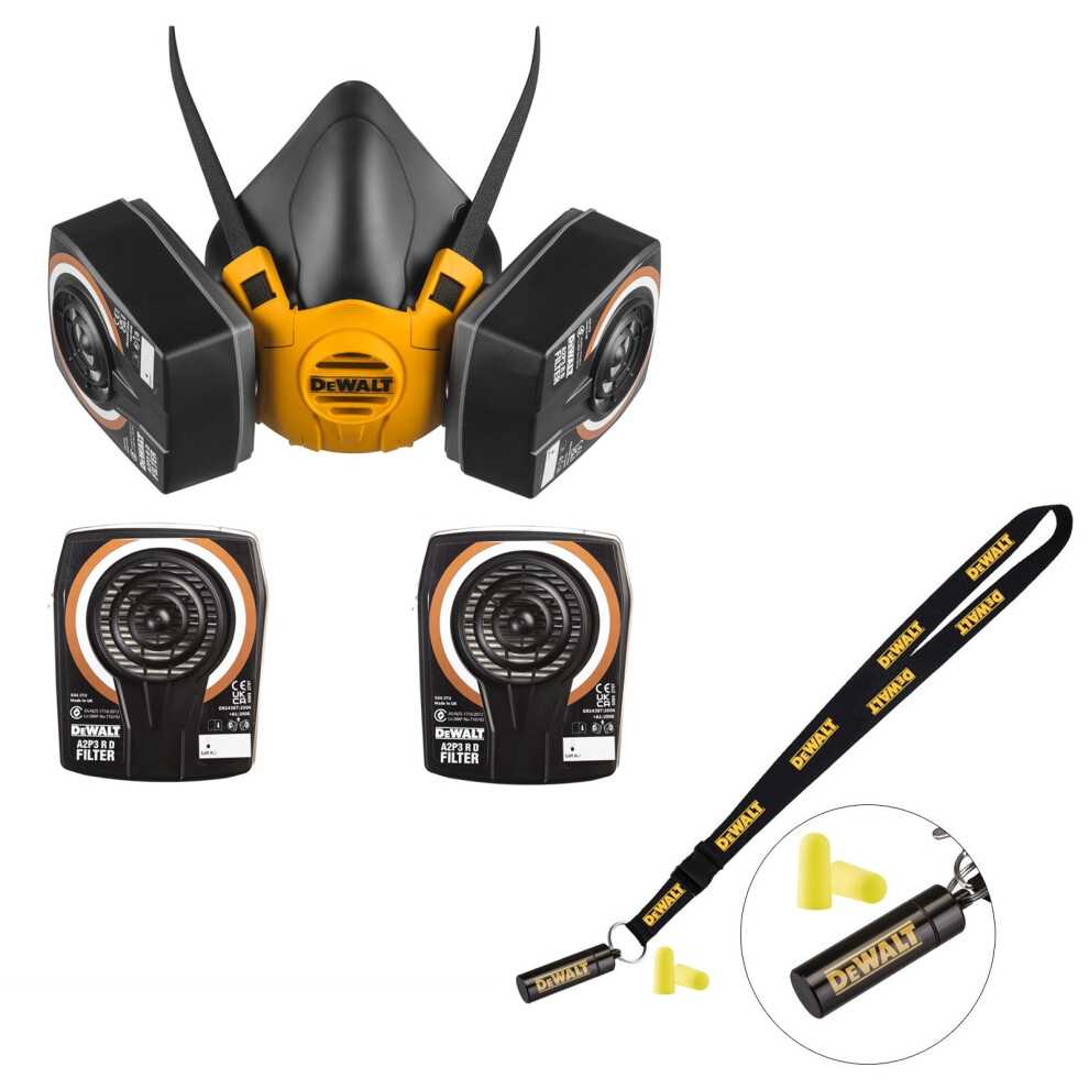 Dewalt A2P3 Medium Half Mask Respirator Face Mask + A2P3 Filters + Ear Plugs