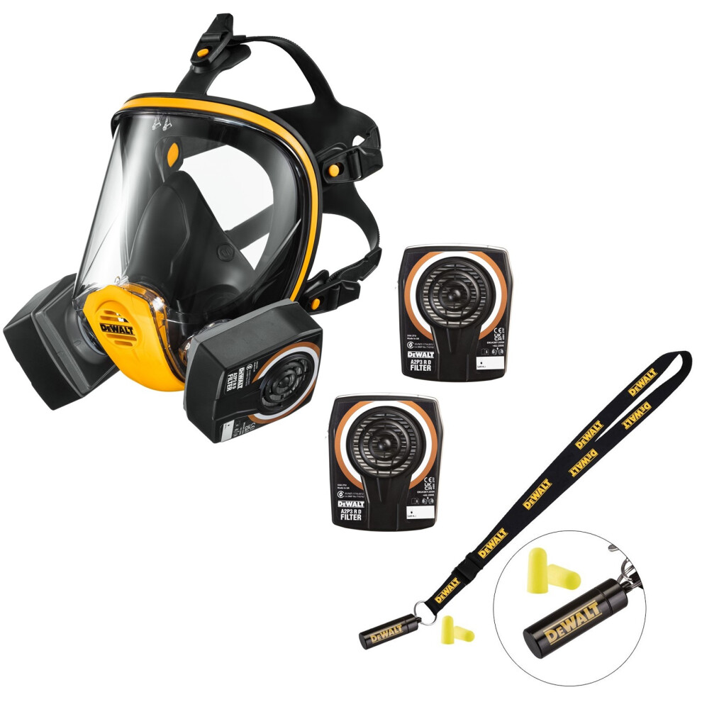 Dewalt Medium A2P3 Full Face Dust Mask Respirator + Extra Filters + Ear Plugs