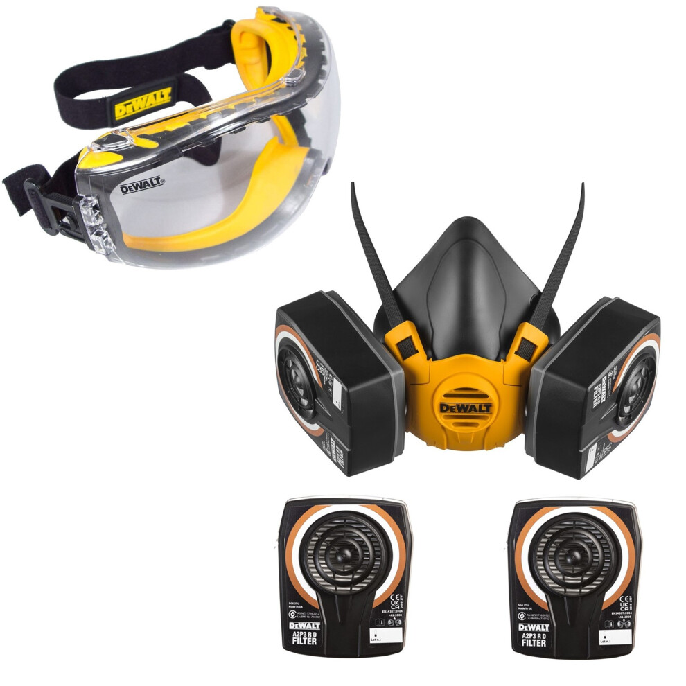 Dewalt Half Mask Respirator Face Mask Large + Extra A2P3 Filters + Goggles