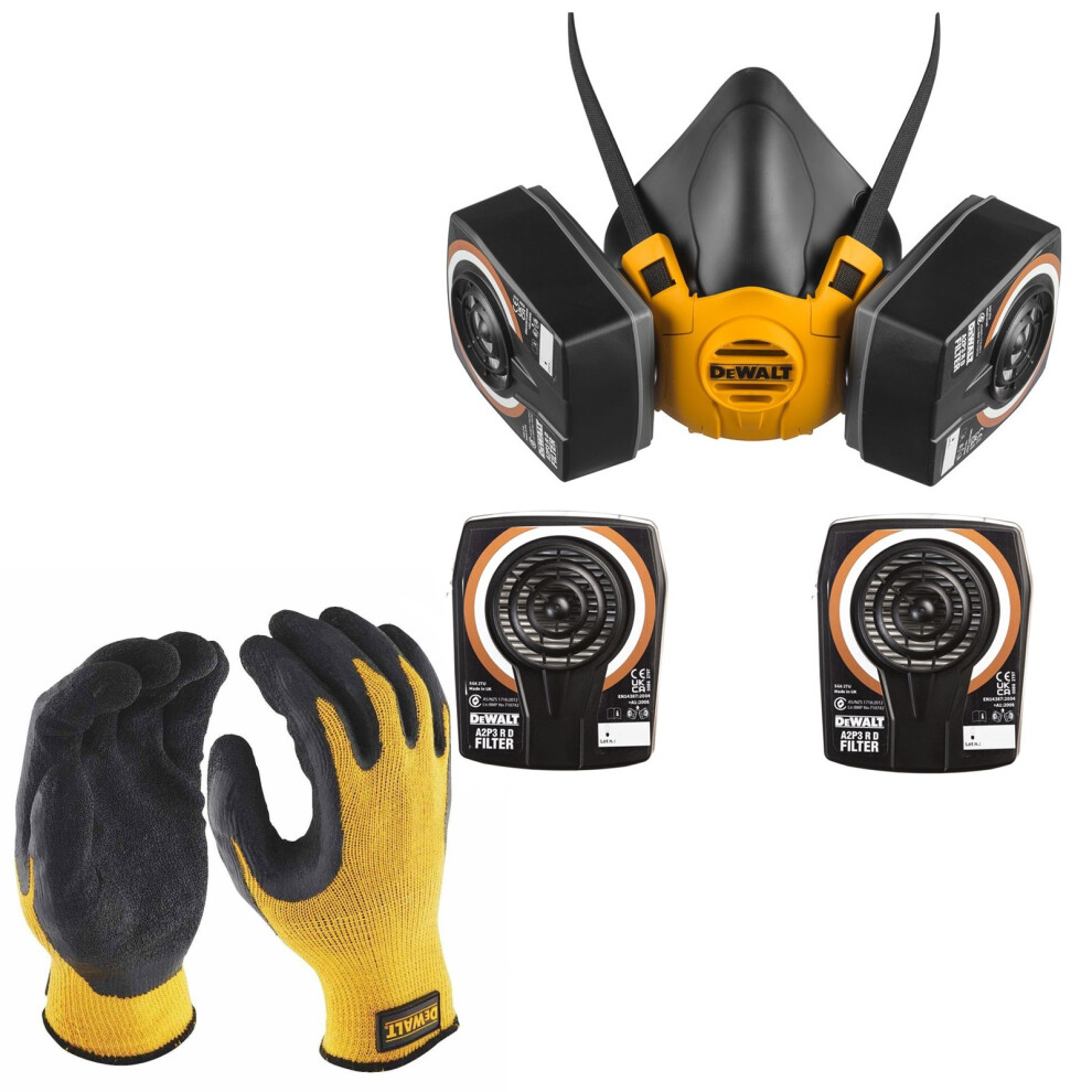 Dewalt A2P3 Medium Half Mask Respirator Face Mask + Extra A2P3 Filters + Gloves