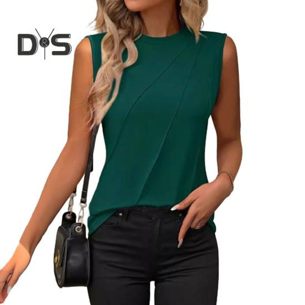 (XXL, green) Summer Women Vest Loose Fit Sleeveless Round Neck Tank Tops Solid Color Line Details Breathable Vest