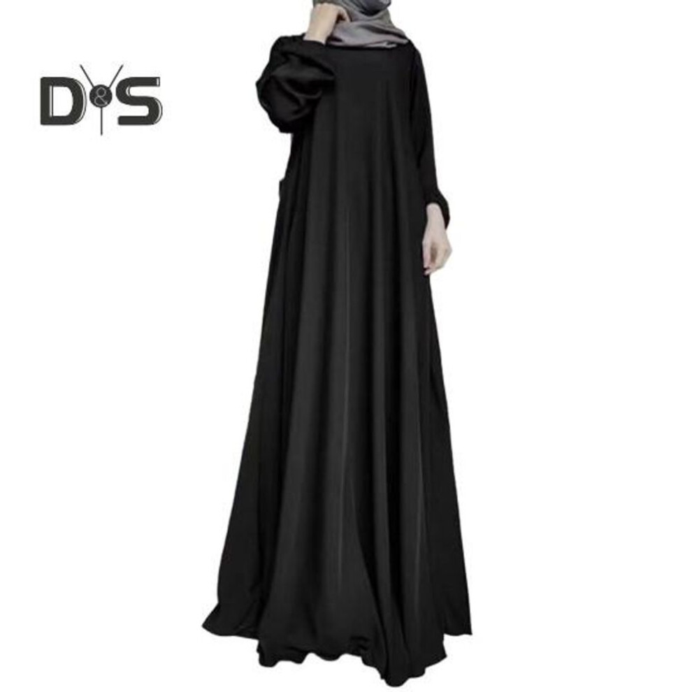 (2XL, black) Women Maxi Dress O Neck Long Sleeve Loose A Line Big Hem Dot Print Vintage Soft Floor Length Dubai Turkey Abaya Long Robe Dress