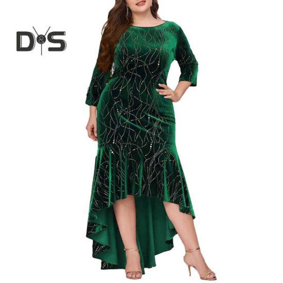 (green, 2XL) Women Evening Dress Three Quarter Sleeve Irregular Hem Round Neck Plus Size Slim Fit High Waist Swallowtail Elegant Maxi Dress Prom Party Clothes