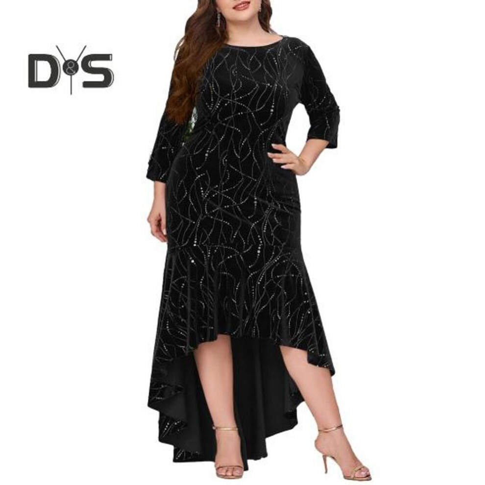 (black, 4XL) Women Evening Dress Three Quarter Sleeve Irregular Hem Round Neck Plus Size Slim Fit High Waist Swallowtail Elegant Maxi Dress Prom Party Clothes