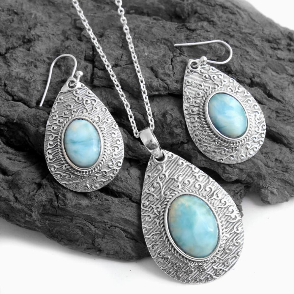 Larimar Silver Pendant Earring Set, Women Jewelry, 925 Sterling Silver Handmade Jewelry Set, Gift For Her