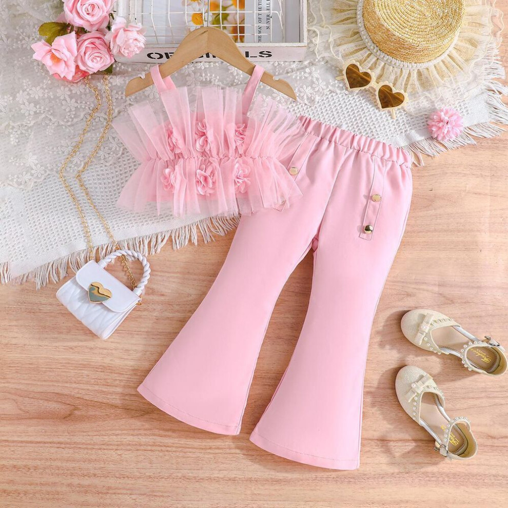 (pink, 7Y) Hot Sales 2-7Y Girls Suit Summer Halter Top Mesh + Flared Trousers Girls Fashion Suit Girl Trousers