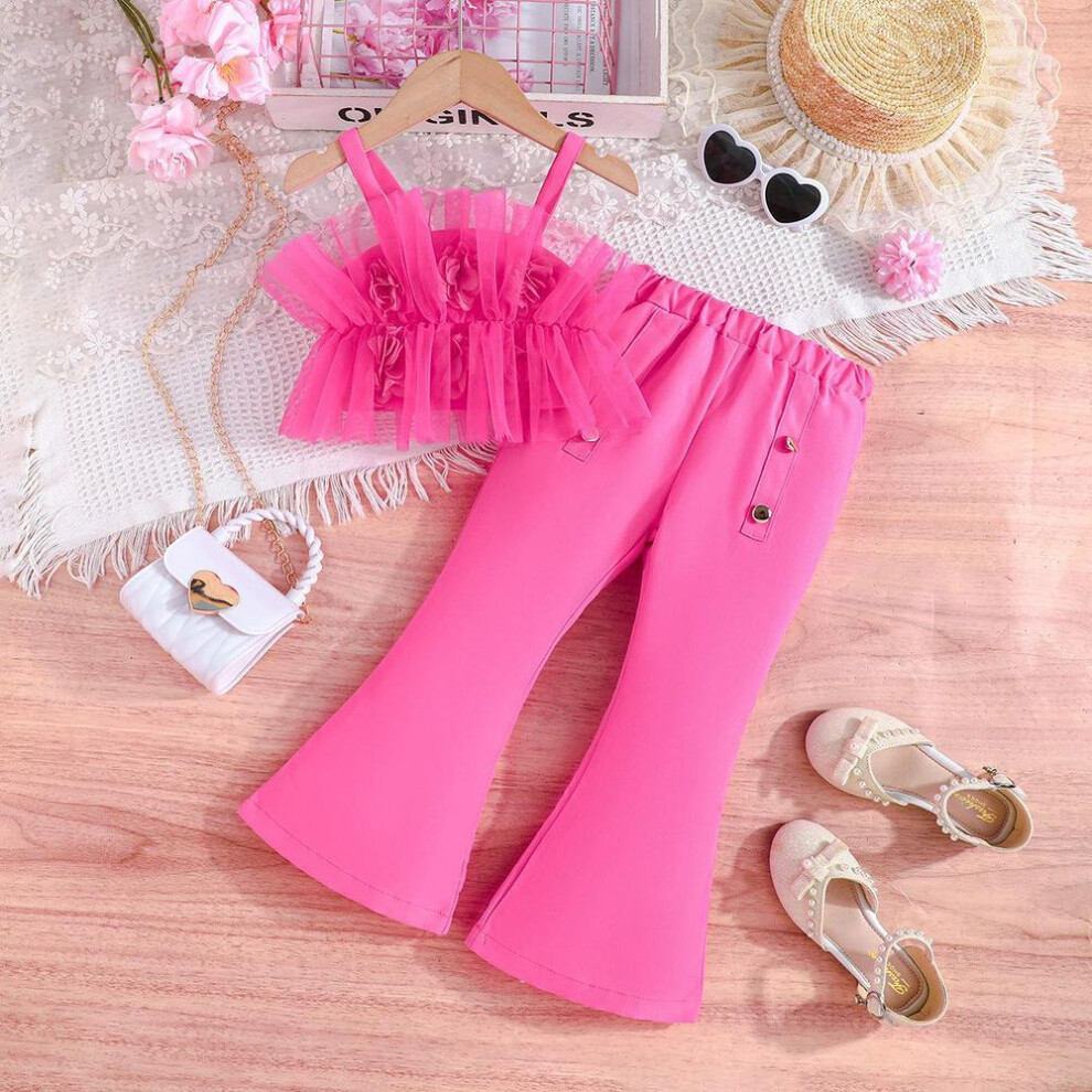 (red, 8Y) Hot Sales 2-7y Girls Suit Summer Halter Top Mesh + Flared Trousers Girls Fashion Suit Girl Trousers