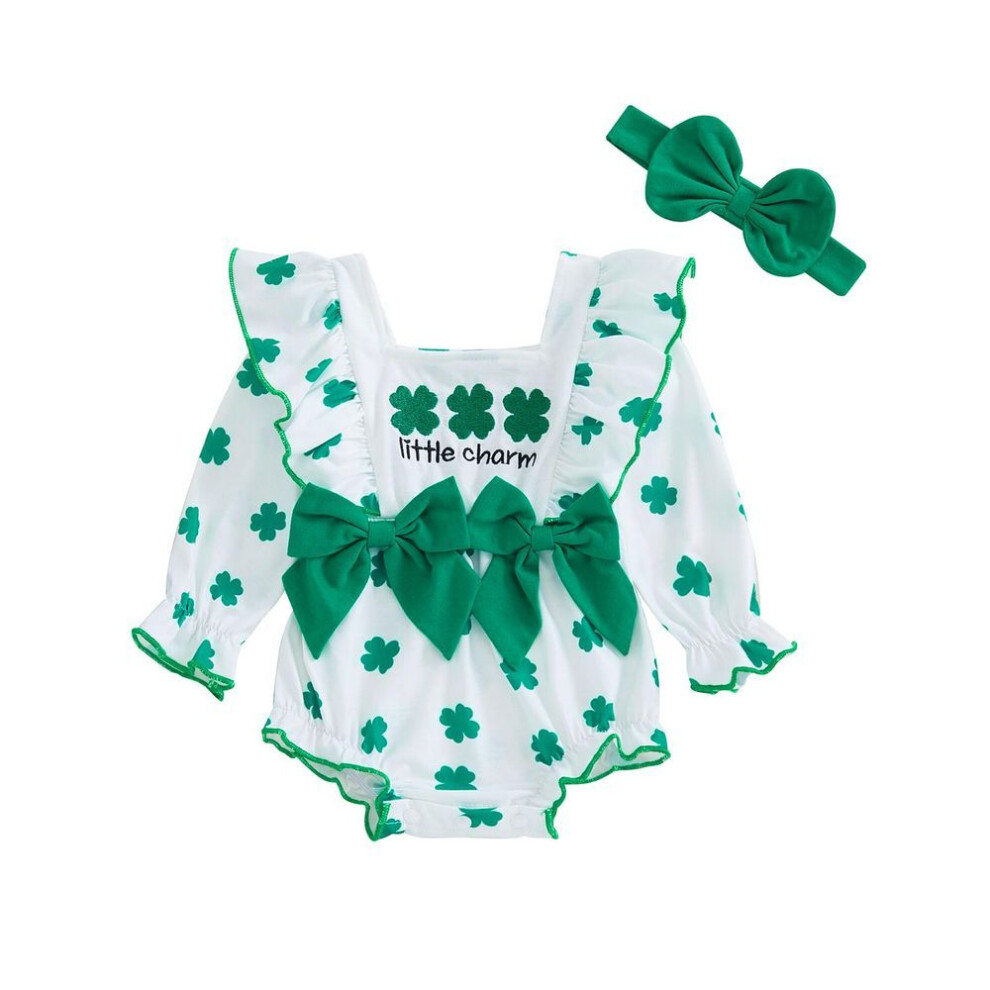 (green, 9-12 Months) Baby Girls Outfit Heart/clover Print Bow Ruffles Long Sleeve Romper And Cute Headband Set For Toddler Outfits
