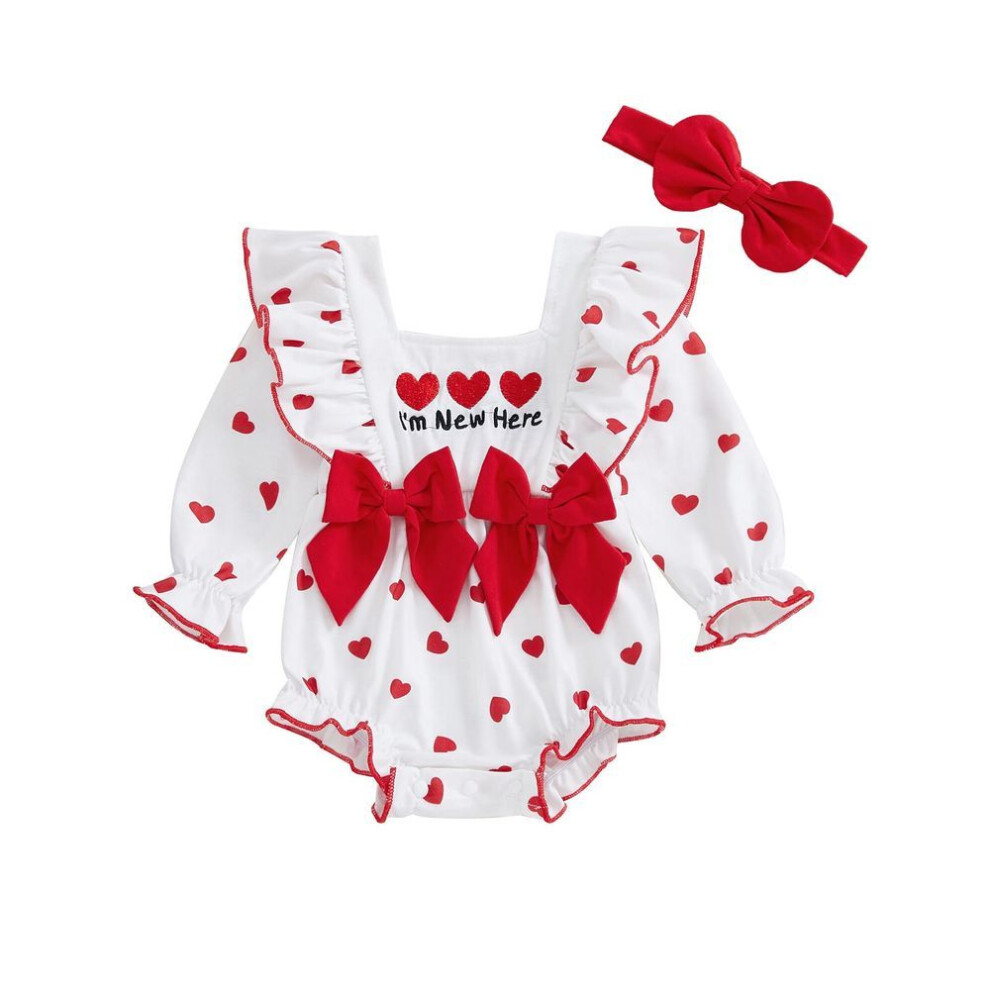 (red, 12-18 Months) Baby Girls Outfit Heart/clover Print Bow Ruffles Long Sleeve Romper And Cute Headband Set For Toddler Outfits